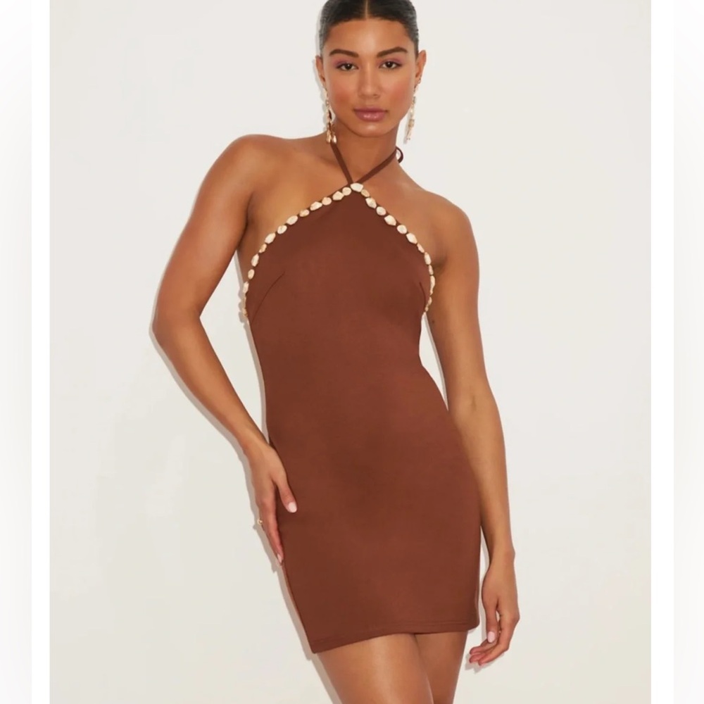 Lulu's Chocolate Brown Shell-Trim Mini Dress Size Small - Picture 2 of 8
